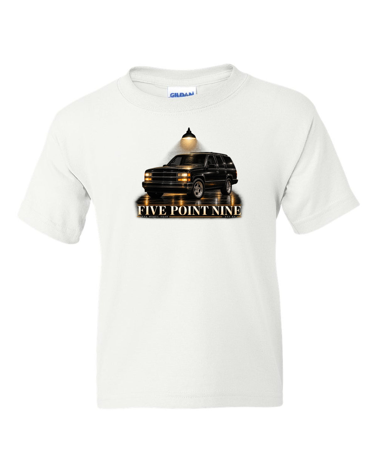 Garage night print for the 1998 Jeep Grand Cherokee ZJ 5.9 Limited white kids tee front view with the design