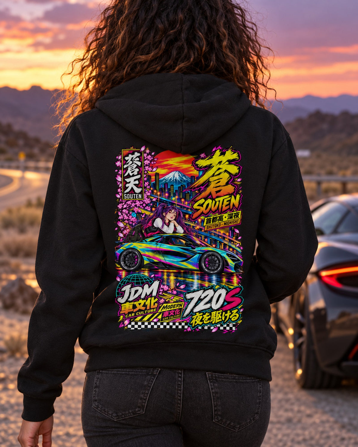 SOUTEN 720S Anime Girl Full-Back Graphic Tee Zip Hoodie Black worn hero
