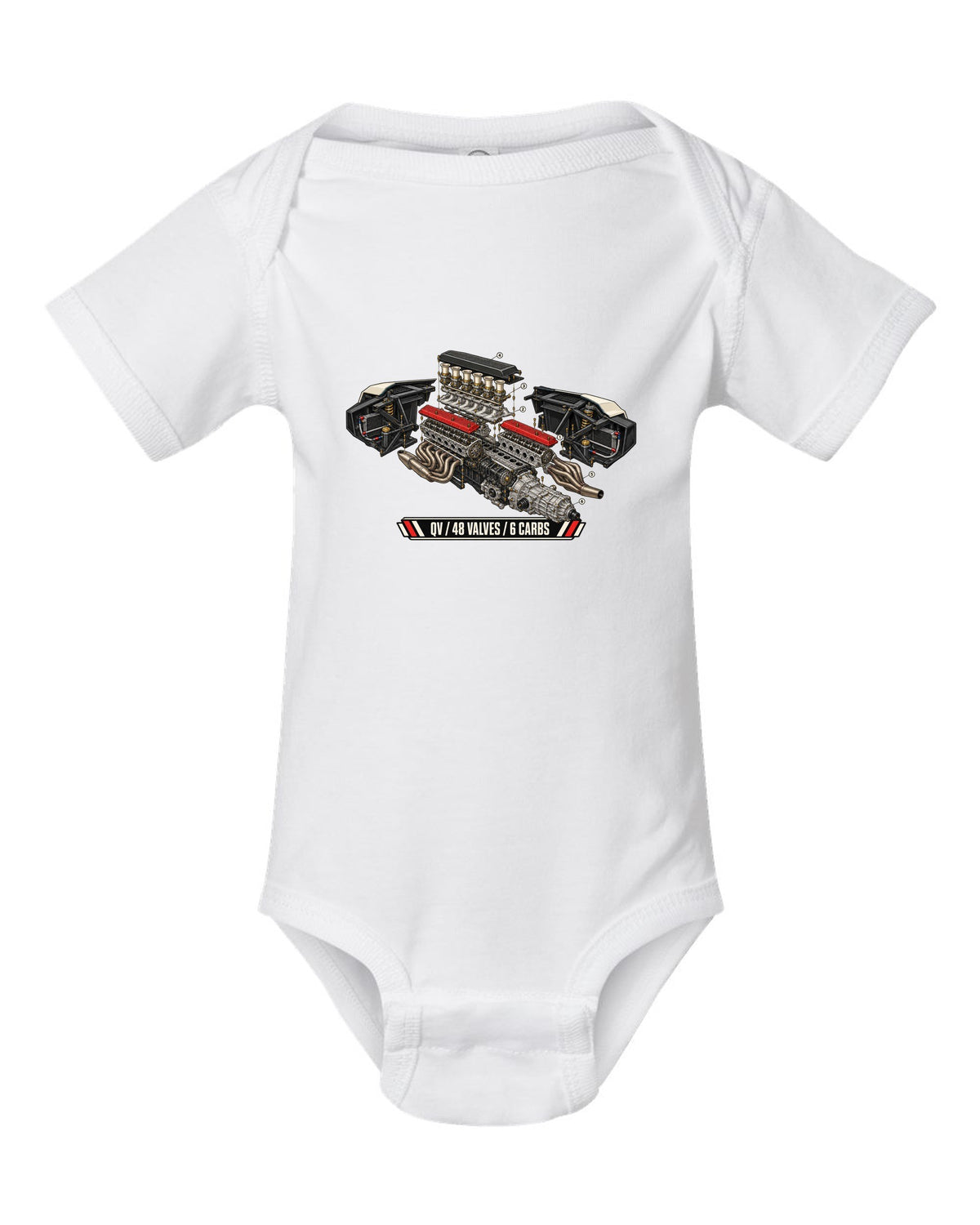 Exploded engine cutaway of a 1985 Lamborghini Countach LP5000 QV with 48 valves and 6 carbs lettering white baby onesie front view with the design