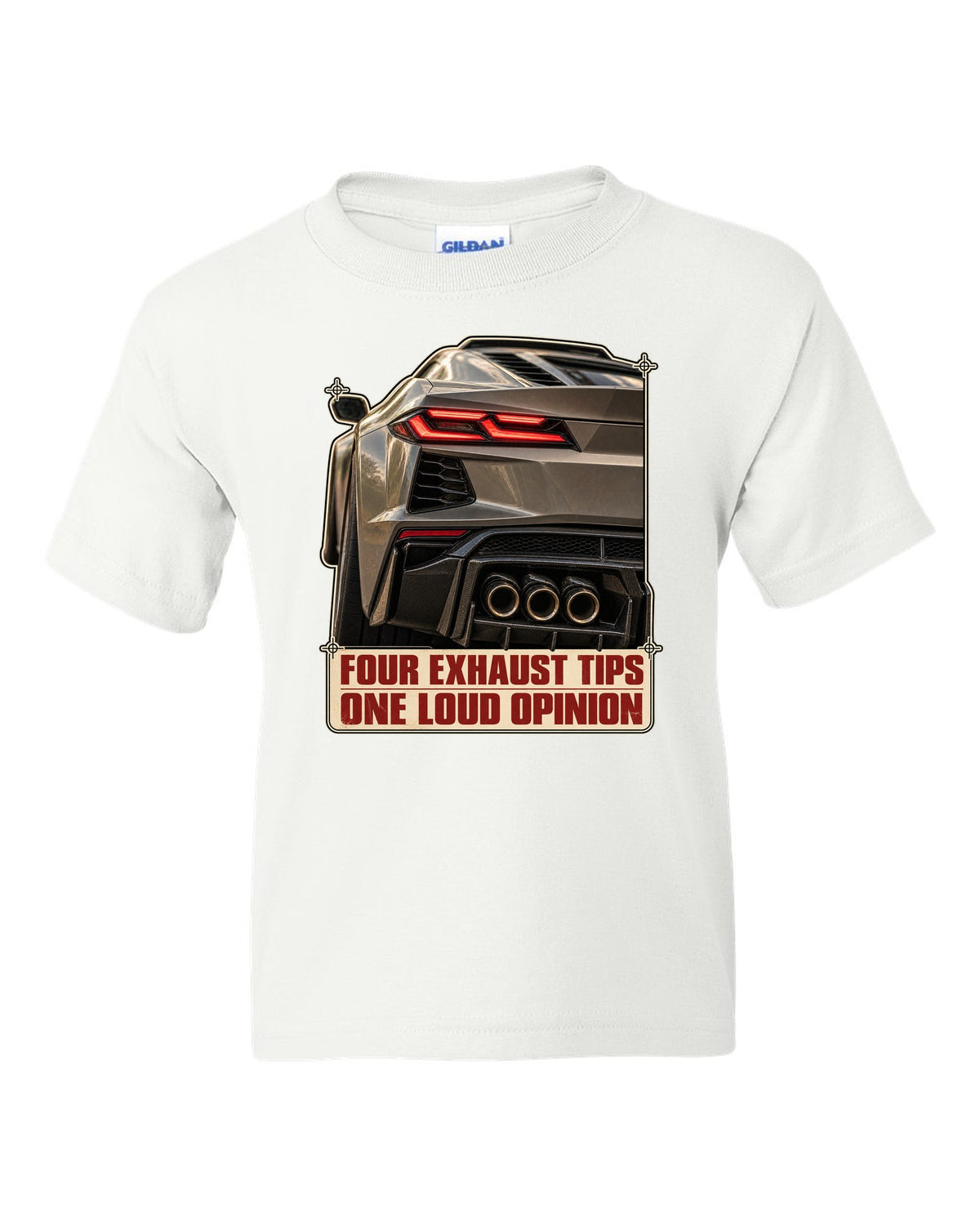 Taillight macro print of a Chevrolet Corvette C8 Z06 with four exhaust tips white kids tee front view with the design