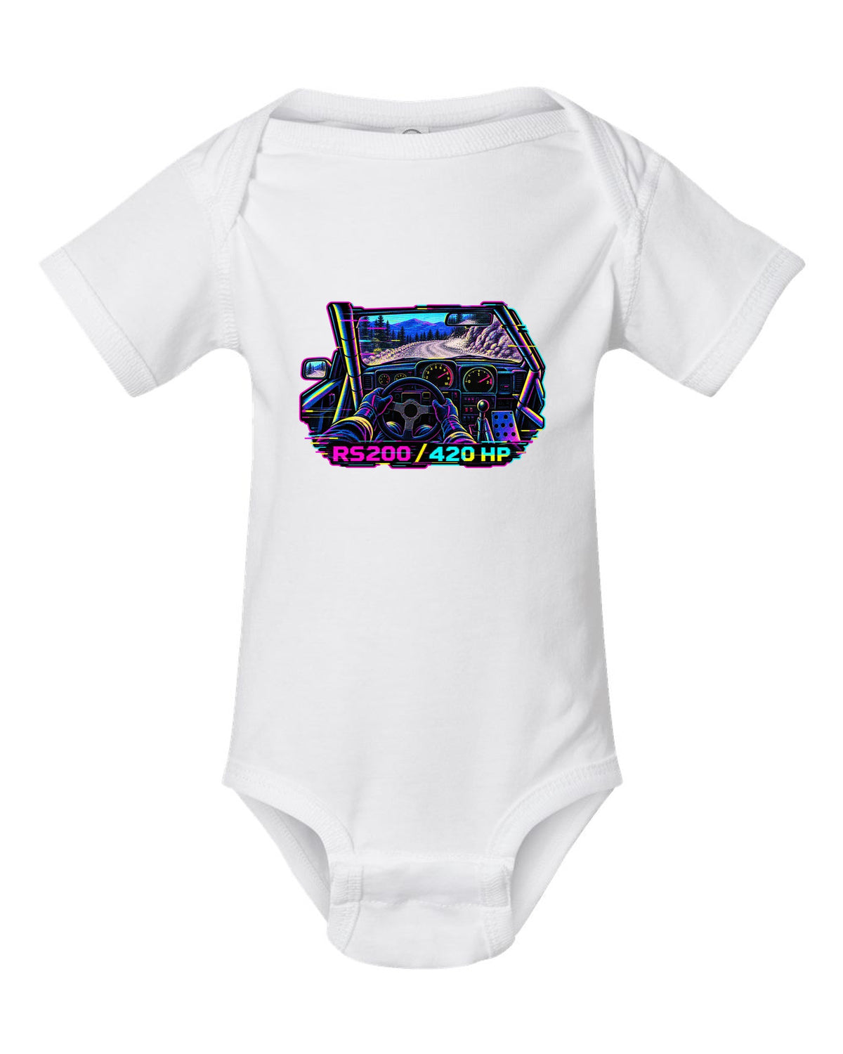 VHS glitch style Ford RS200 cockpit print with 420 hp lettering white baby onesie front view with the design