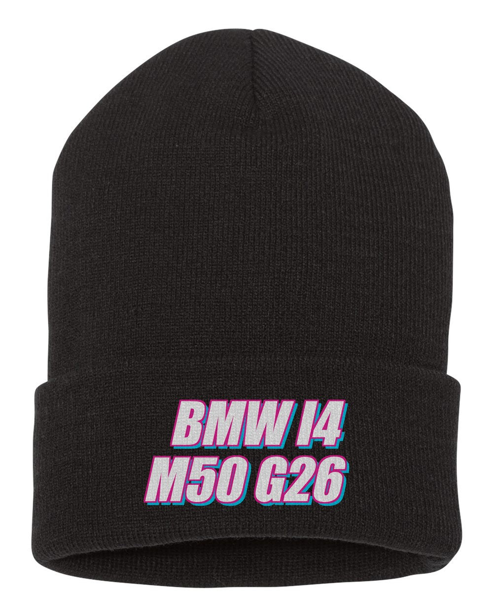 Bmw I4 M50 G26 black beanie front view with car name