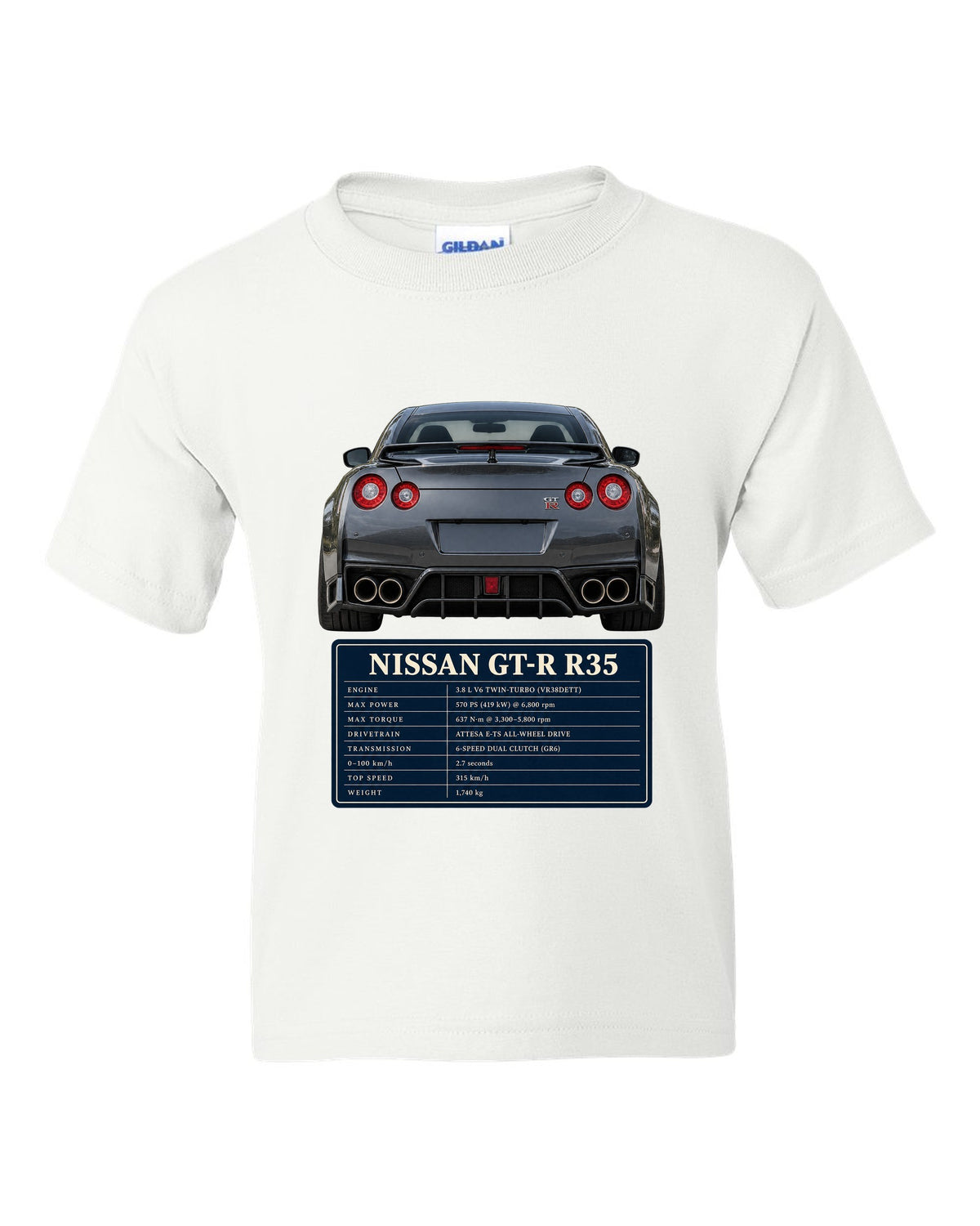 Close crop of Nissan GT-R R35 2014 Premium round taillights white kids tee front view with the design