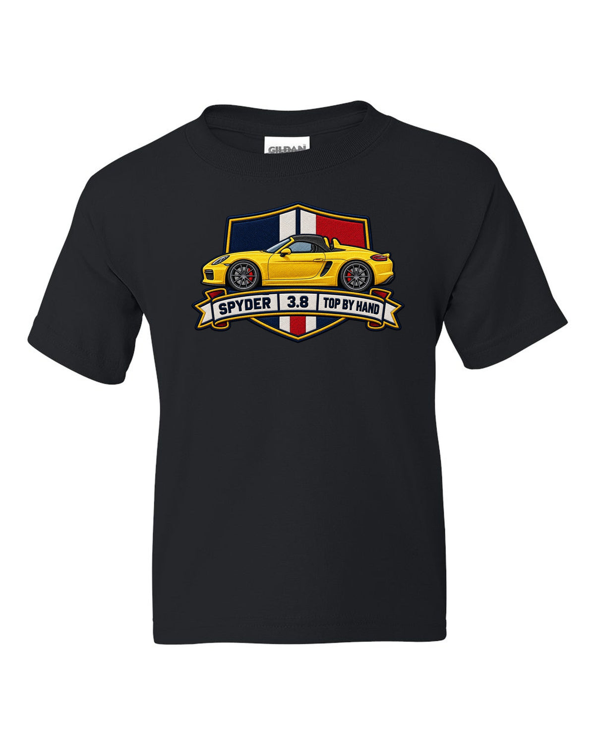 Embroidery-style crest design for the Porsche 981 Boxster Spyder with 3.8 and top by hand lettering black kids tee front view with the design