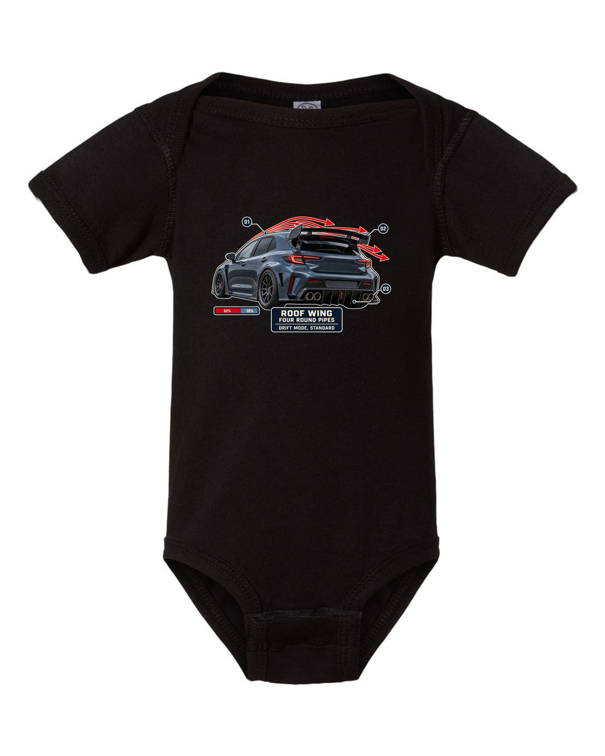 Mercedes-AMG A45 S W177 rear three-quarter with aero callout labels print black baby onesie front view with the design