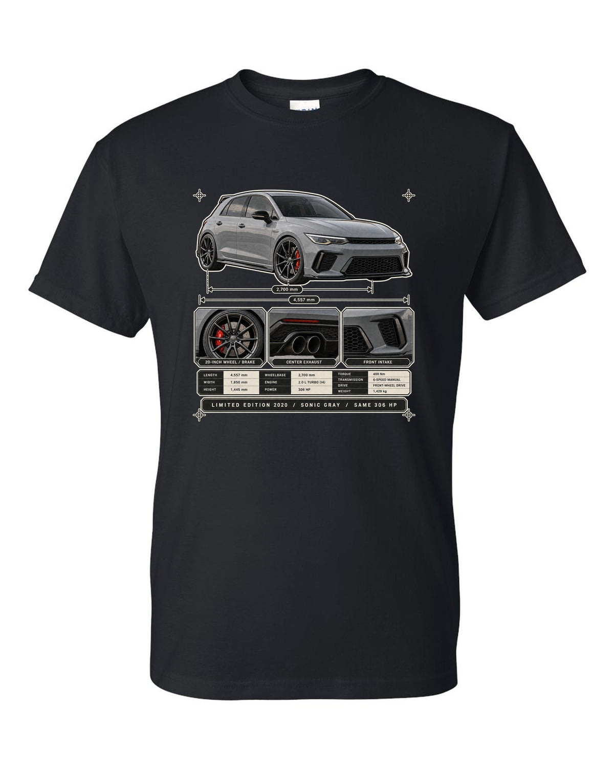 Dossier panel print of a Sonic Gray Pearl Honda Civic Type R FK8 Limited Edition black t-shirt front view with the design