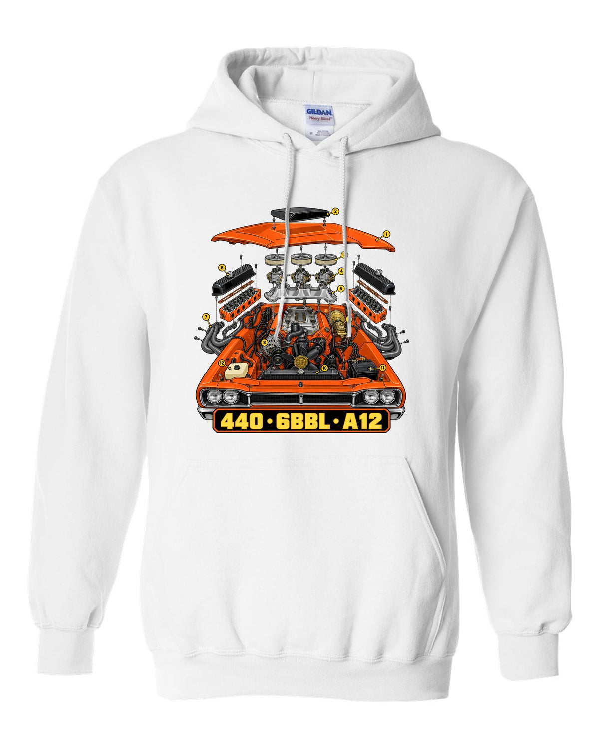 Isometric exploded technical drawing of the 440 six-barrel engine in a 1969 Dodge Coronet Super Bee A12 white pull over hoodie front view with the design