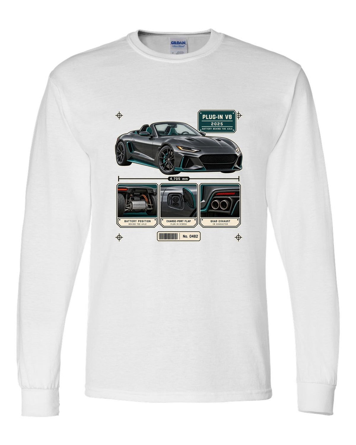 Mercedes-AMG SL63 S E Performance R232 dossier panel print in graphite and teal white long sleeve front view with the design