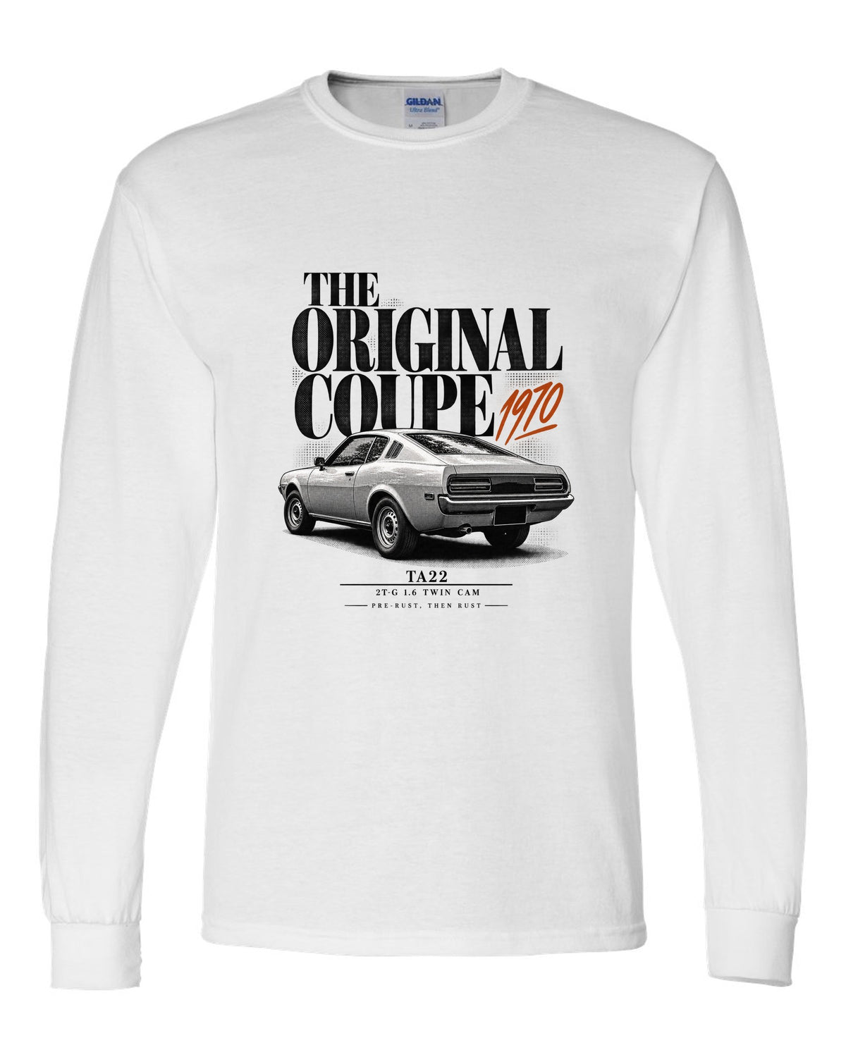 Editorial headline print of a Toyota Celica TA22 coupe with 2T-G 1.6 twin cam text white long sleeve front view with the design