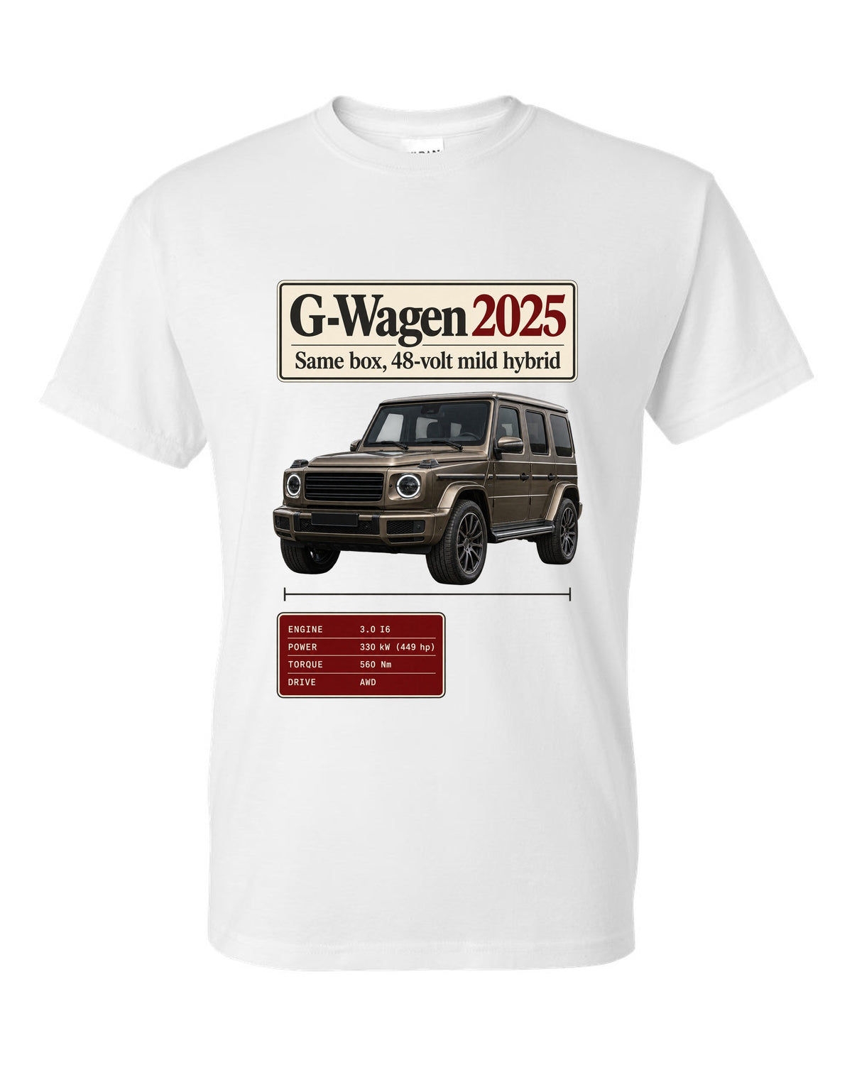 Archive panel print of a 2025 Mercedes-AMG G63 W463A facelift white t-shirt front view with the design