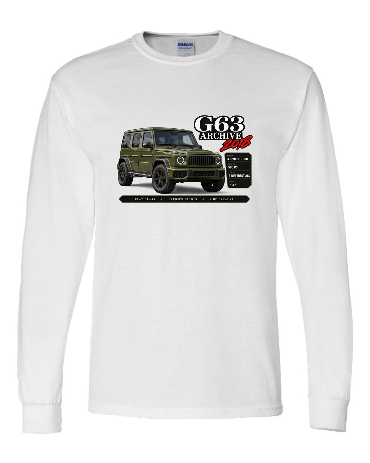 Archive panel print of a Mercedes-AMG G63 W464 with G63 Archive 2018 lettering white long sleeve front view with the design