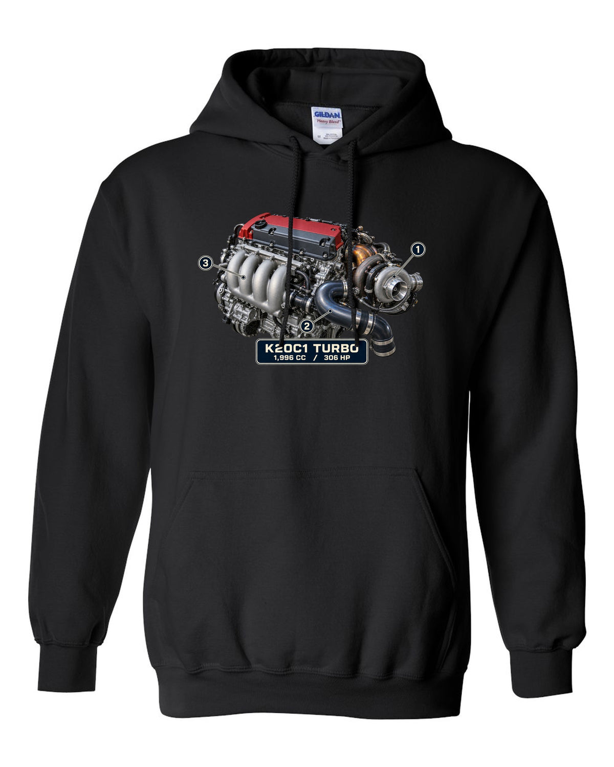 print engine illustration of the Honda Civic Type R FK8 K20C1 turbo engine black pull over hoodie front view with the design