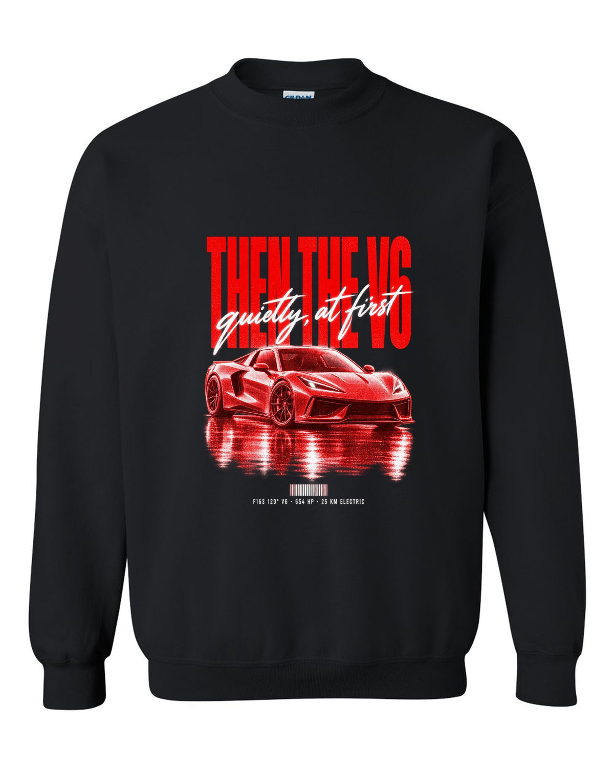 Ferrari 296 GTB 2022 street poster print, F163 120 degree V6, 654 HP, 25 km electric black crewneck front view with the design