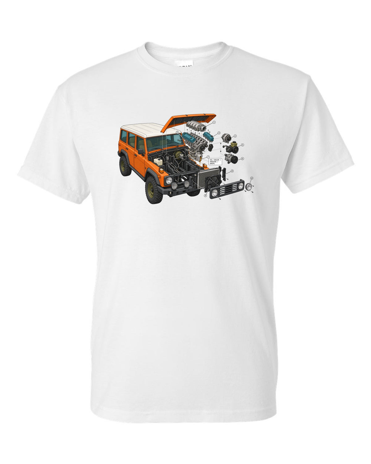Jeep Wrangler JK V6 exploded engine bay diagram with oil cooler housing drips labels white t-shirt front view with the design