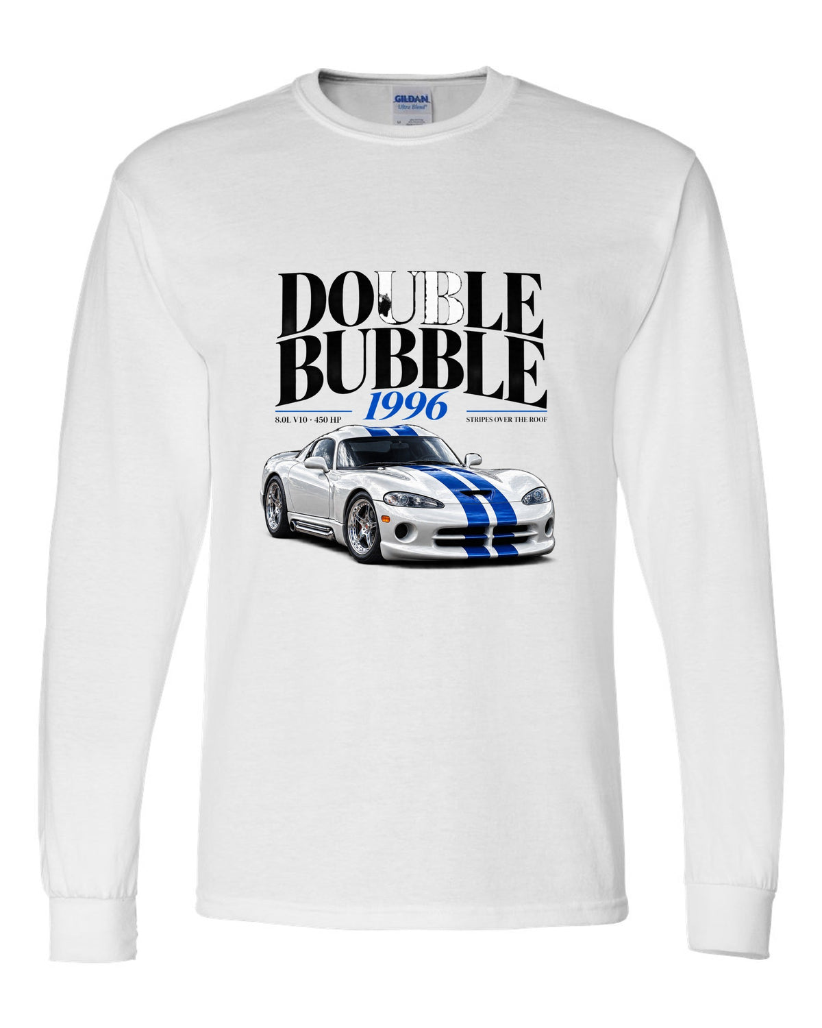 Editorial headline print of a 1996 Dodge Viper GTS SR II with double bubble and 8.0L V10 text white long sleeve front view with the design