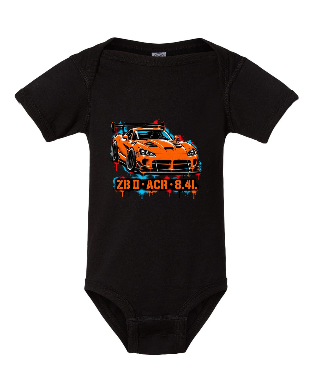 Stencil spray street art of a 2008 Dodge Viper ACR with large rear wing, ZB II ACR 8.4L lettering black baby onesie front view with the design