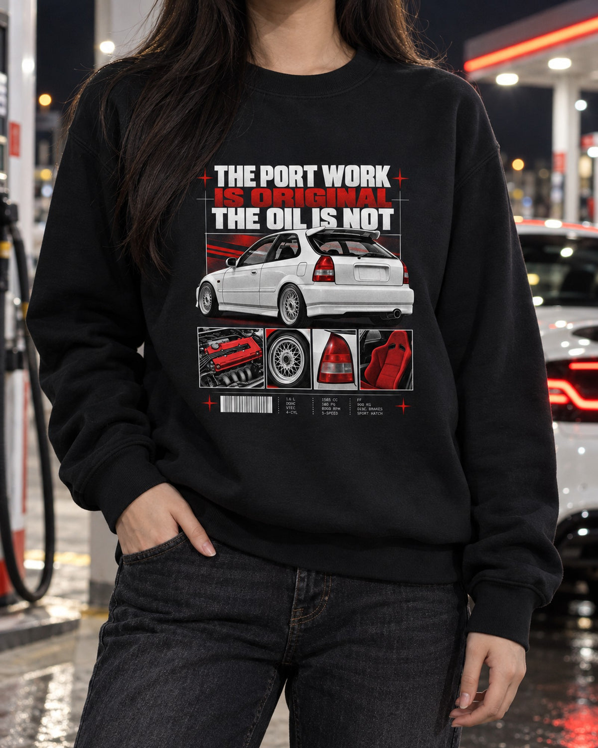 Honda Civic EK9 Spec Sheet Dossier Shirt, Port Work Is Original Crewneck Black worn hero