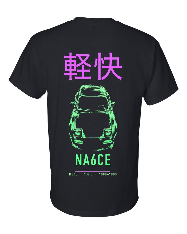 NA6CE full-back artwork black t-shirt back view with the design