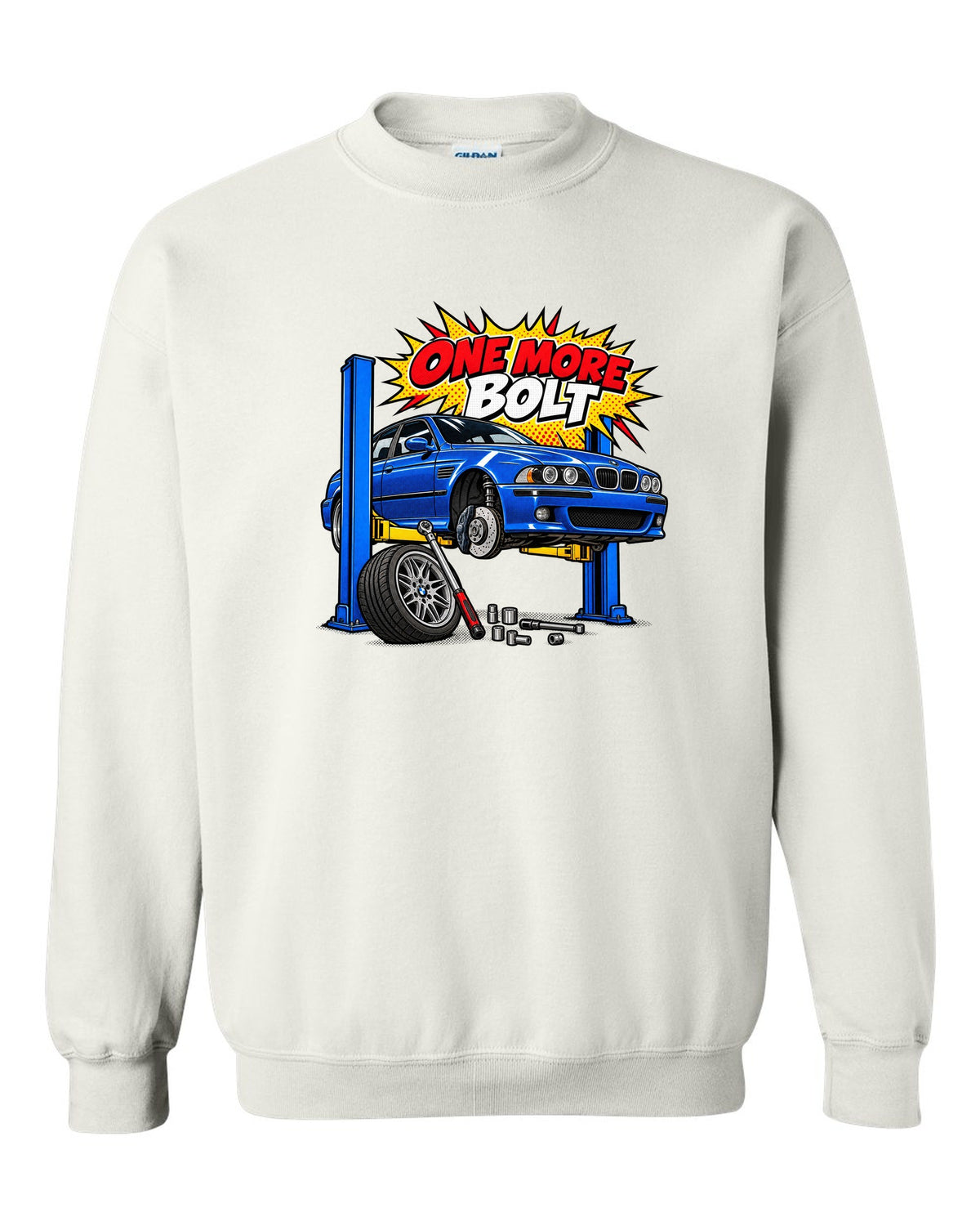 Ukiyo-e woodblock wave print of a BMW M5 E39 with S62 4.9 V8 text white crewneck front view with the design