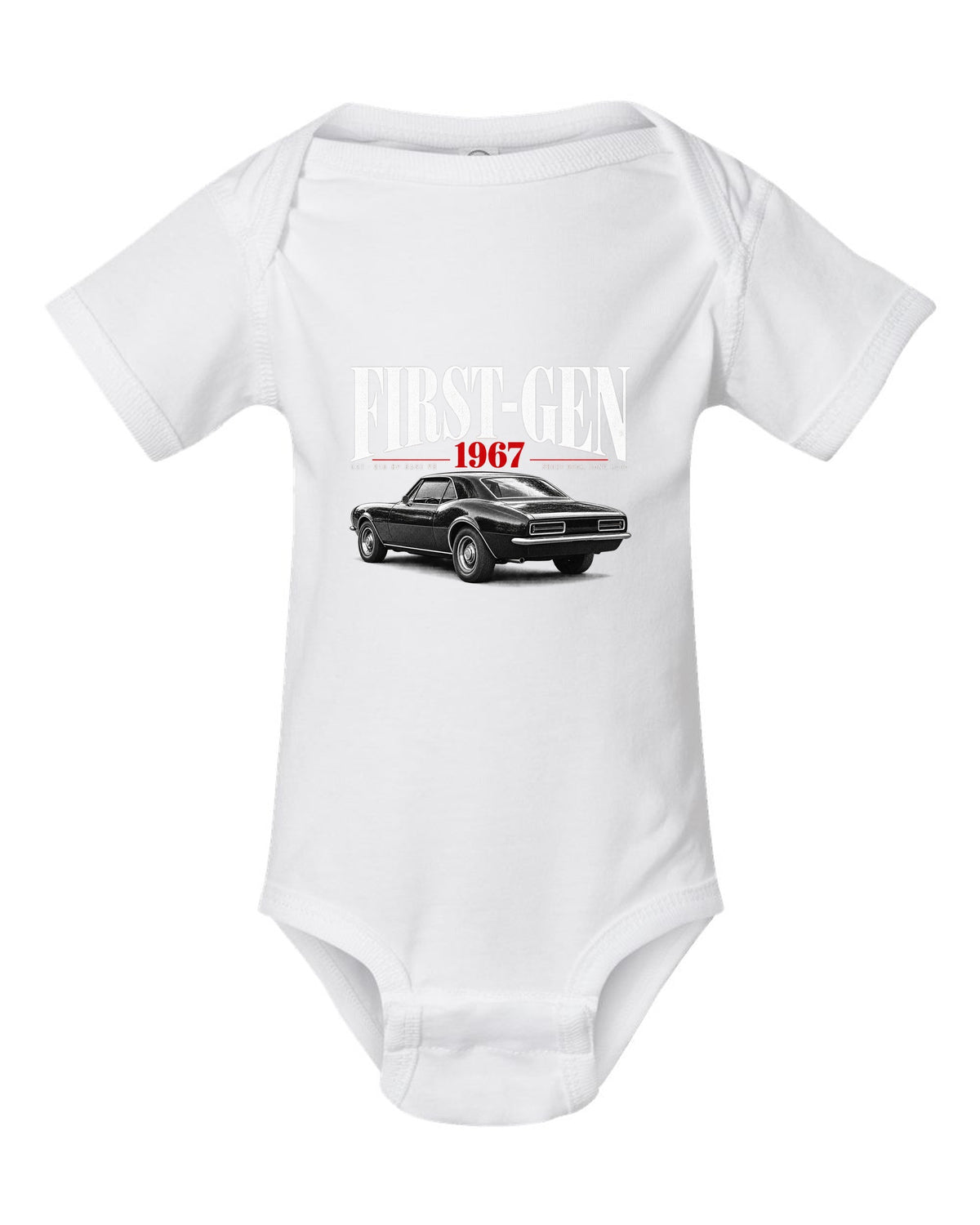 Editorial-style print of a 1967 Chevrolet Camaro RS with first-gen and 327 V8 caption white baby onesie front view with the design