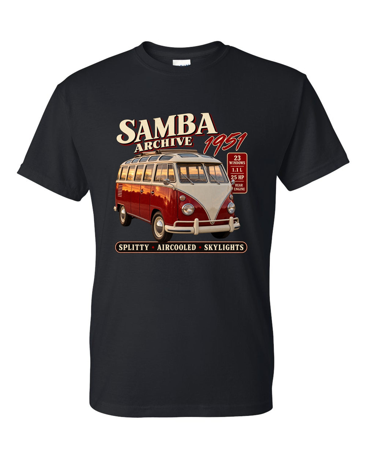Archive panel print of a VW T1 Samba bus front three-quarter with 23 windows text black t-shirt front view with the design