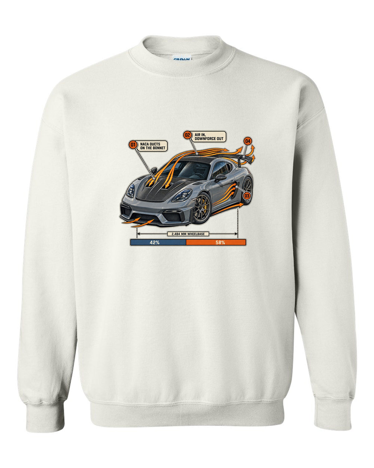 Airflow callout print of a Porsche 718 Cayman GT4 RS Weissach package white crewneck front view with the design