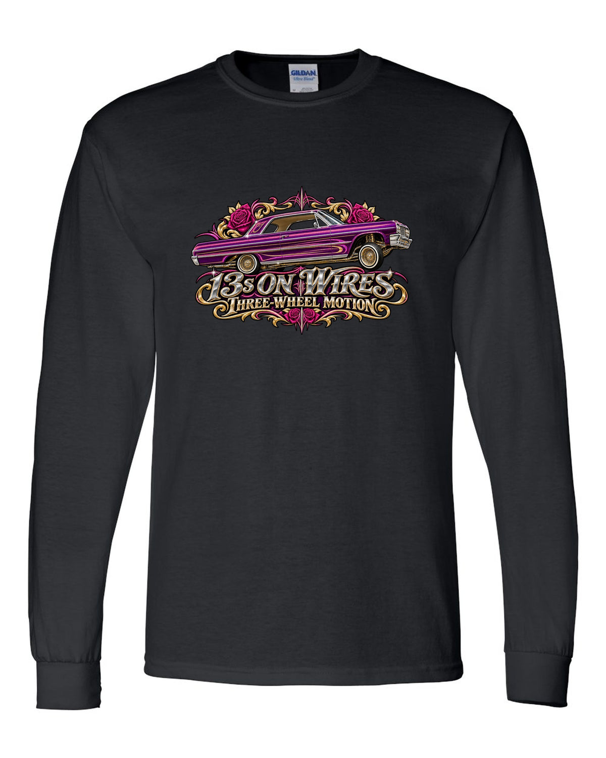 1964 Chevrolet Impala SS lowrider in airbrush style with text 13s on Wires Three-Wheel Motion black long sleeve front view with the design