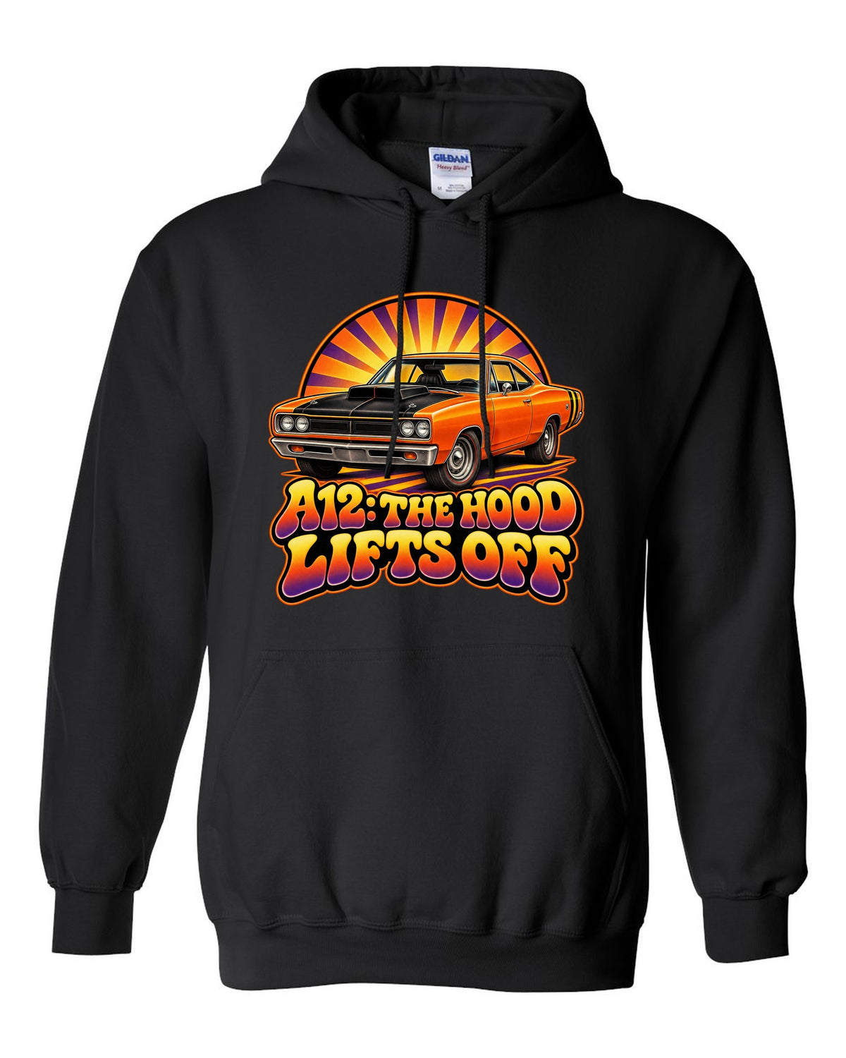 Retro 70s airbrush sunburst design with a 1969 Dodge Coronet Super Bee A12 and lift-off hood text black pull over hoodie front view with the design