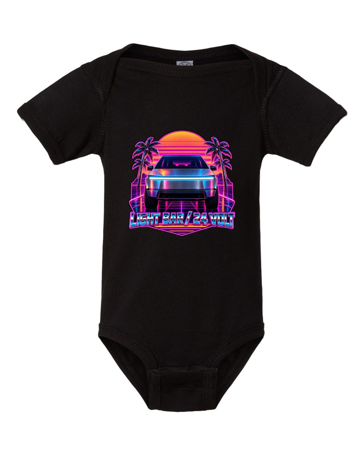 Neon synthwave outrun scene of a 2023 Tesla Cybertruck with the words Light Bar 24 Volt black baby onesie front view with the design
