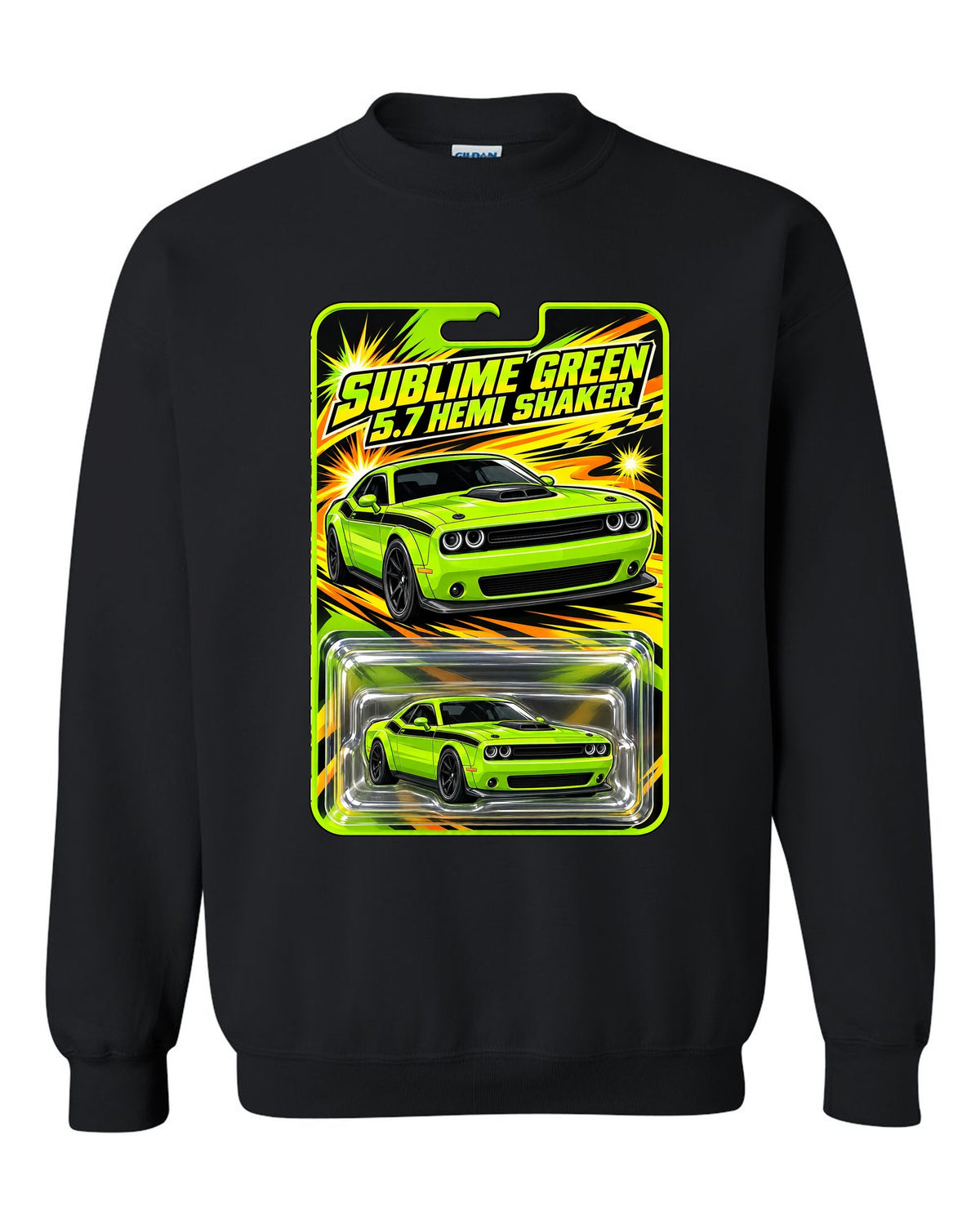 Blister toy card print of a 2015 Dodge Challenger R/T Shaker in Sublime Green black crewneck front view with the design