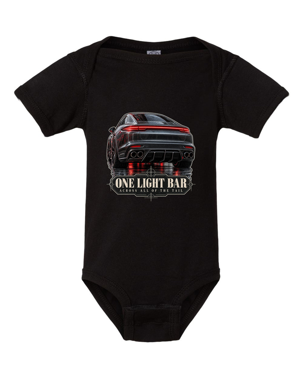 Close crop print of the full-width taillight bar on a Porsche Panamera Turbo S E-Hybrid G3 black baby onesie front view with the design
