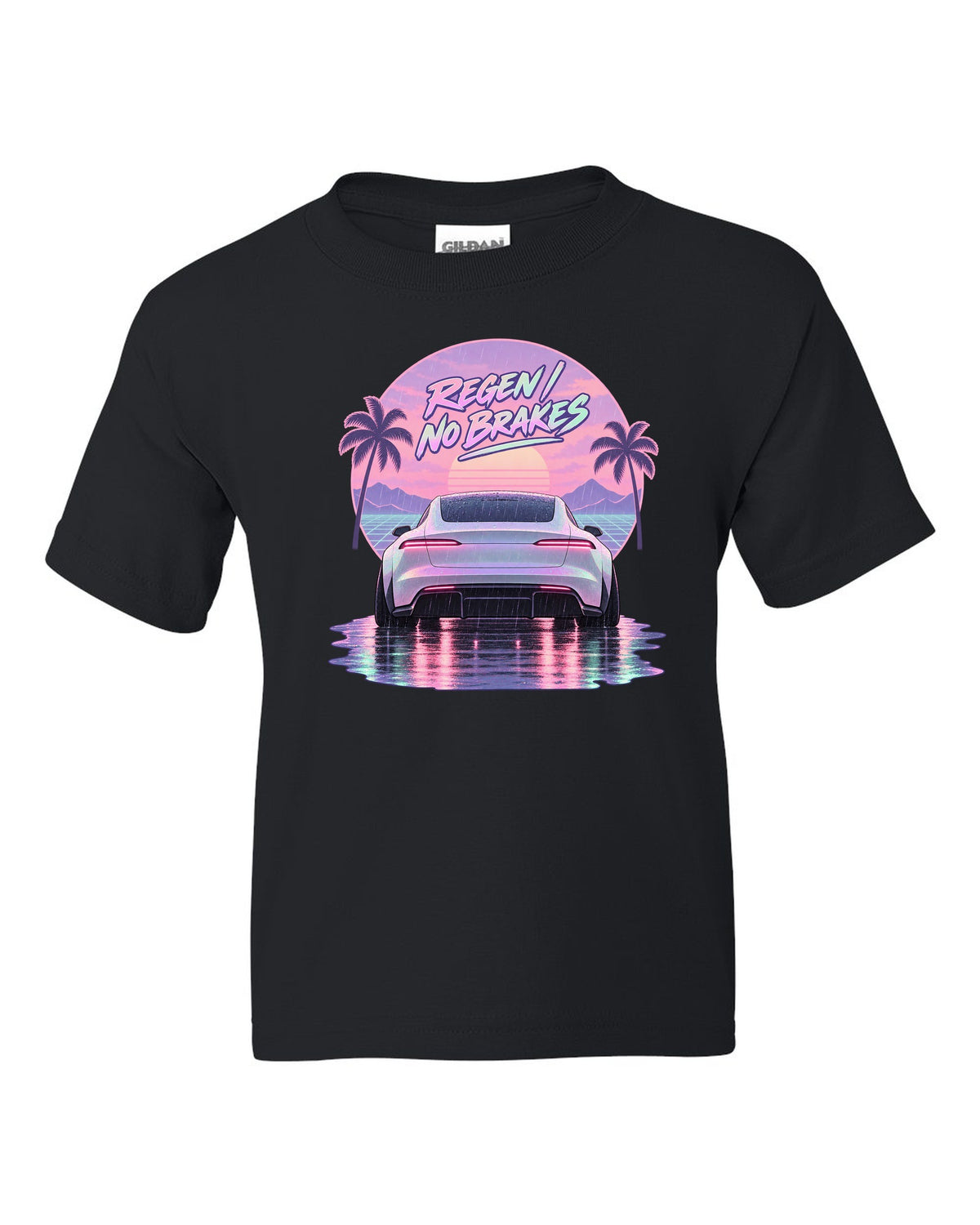 Vaporwave pastel scene of a 2021 Tesla Model S Plaid taillights in rain with the words Regen No Brakes black kids tee front view with the design