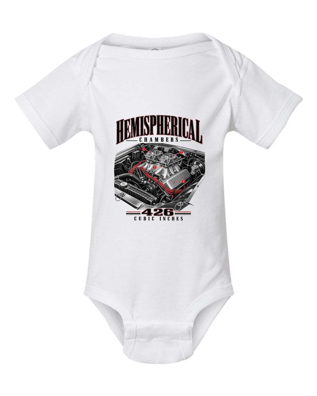 Engine hero print of a 1970 Plymouth Cuda E-body 426 Hemi white baby onesie front view with the design
