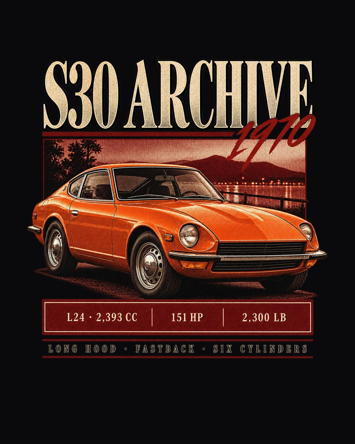 Datsun 240Z S30 1970 Archive Panel Shirt, L24 Six Cylinders design only