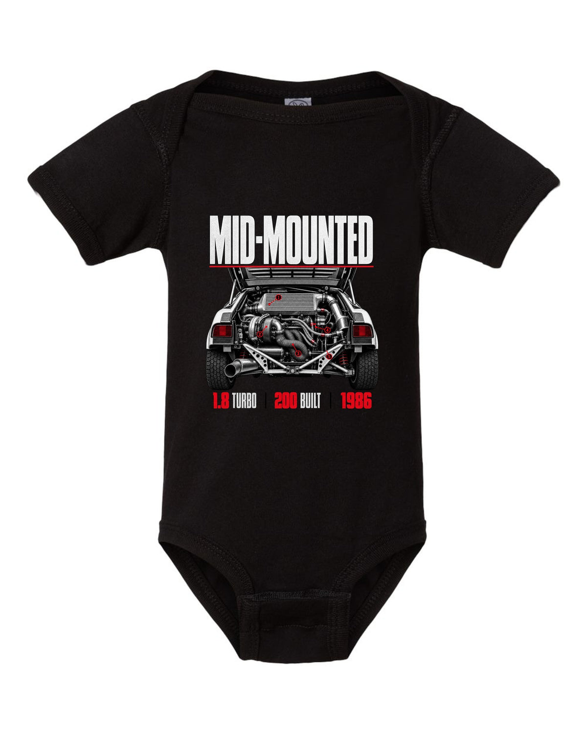 Ford RS200 Group B engine close-up print with mid-mounted turbo text black baby onesie front view with the design