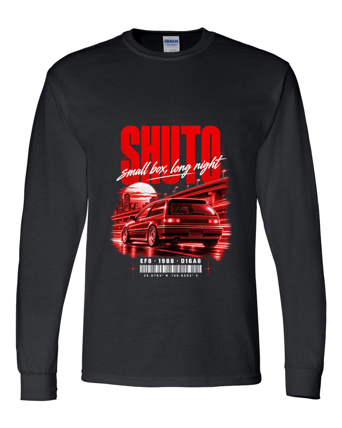Street poster print for the 1988 Honda CRX EF8 Si with Shuto night lettering and D16A6 engine code black long sleeve front view with the design