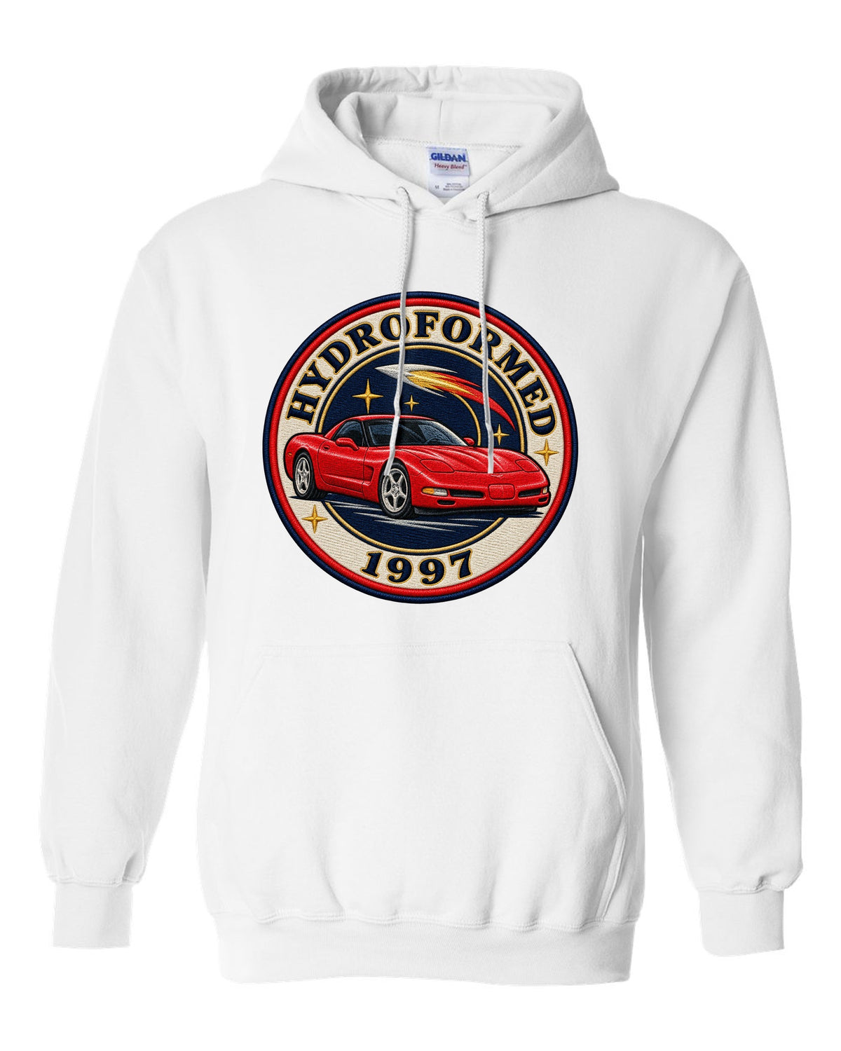 Embroidery style varsity crest print of a 1997 Chevrolet Corvette C5 coupe with Hydroformed text white pull over hoodie front view with the design