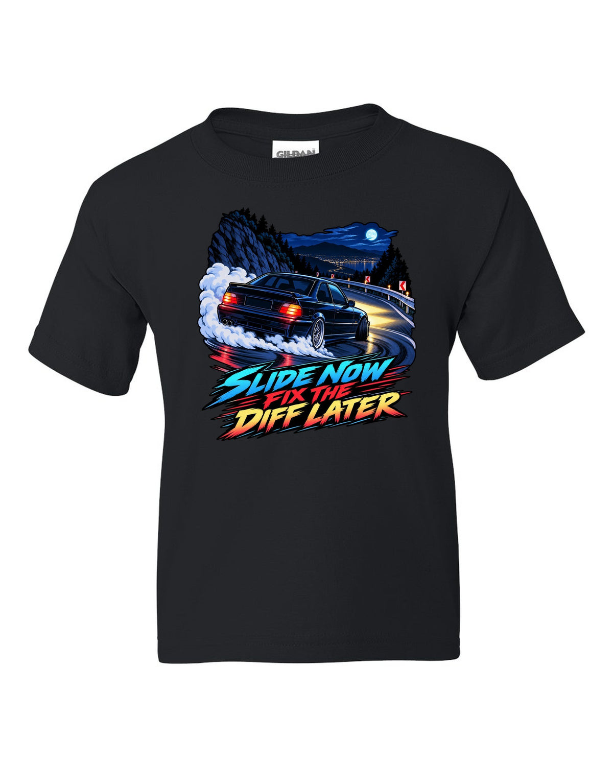 Spec sheet print of a BMW E36 M3 coupe with S50B32 3,201 cc 321 HP text black kids tee front view with the design
