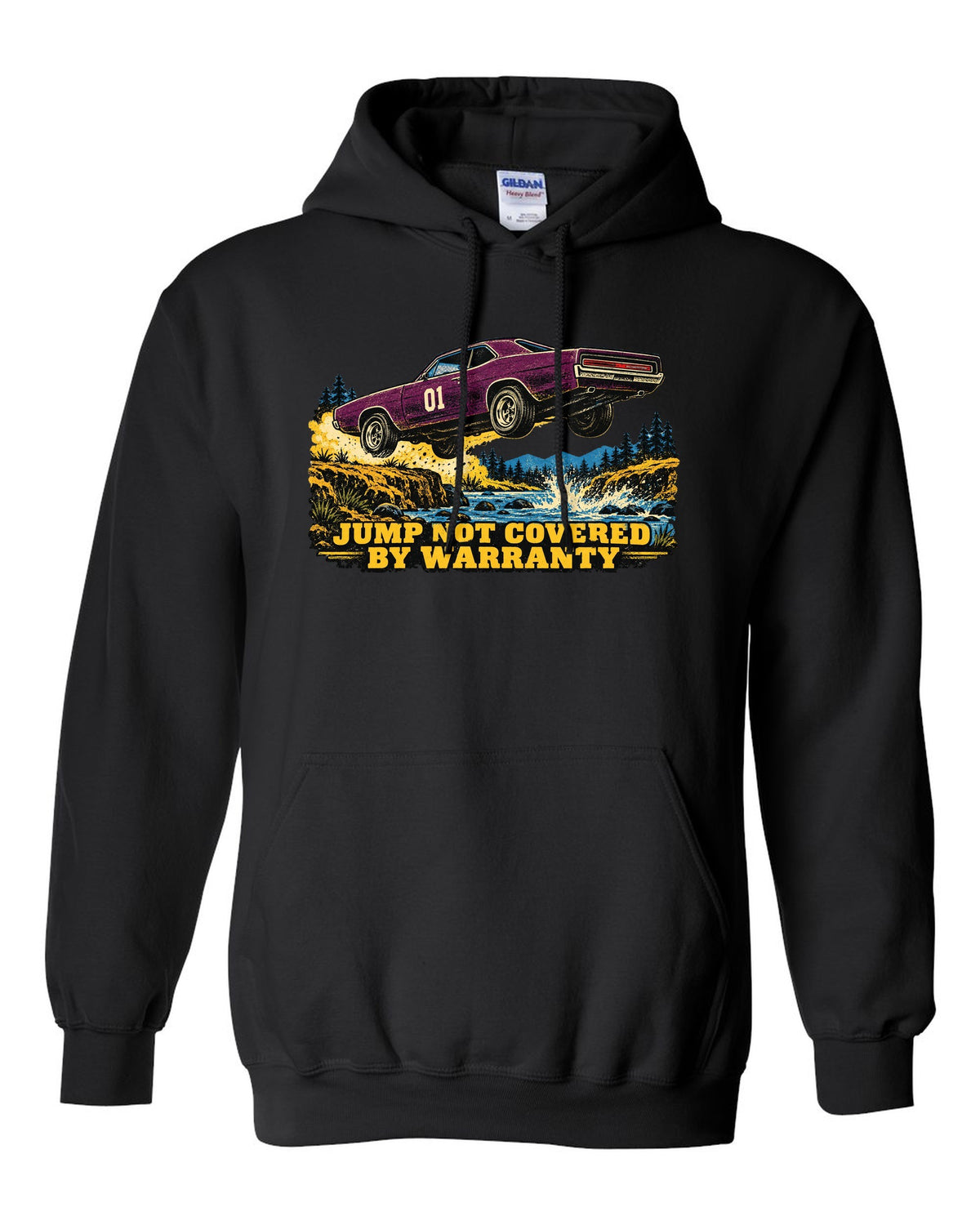 Vintage screen print of an orange 1969 Dodge Charger B-body mid-jump with number 01 on the doors black pull over hoodie front view with the design