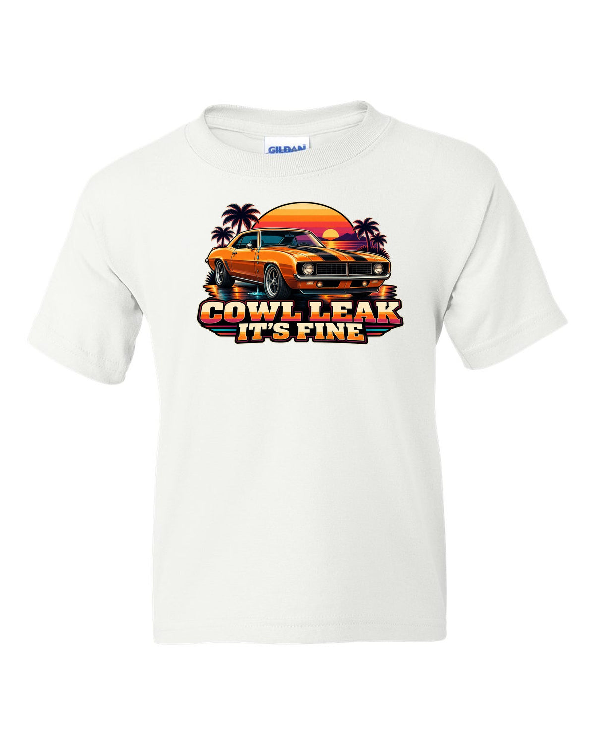 Retro banded sunset illustration of a 1969 Chevrolet Camaro coupe with cowl leak lettering white kids tee front view with the design