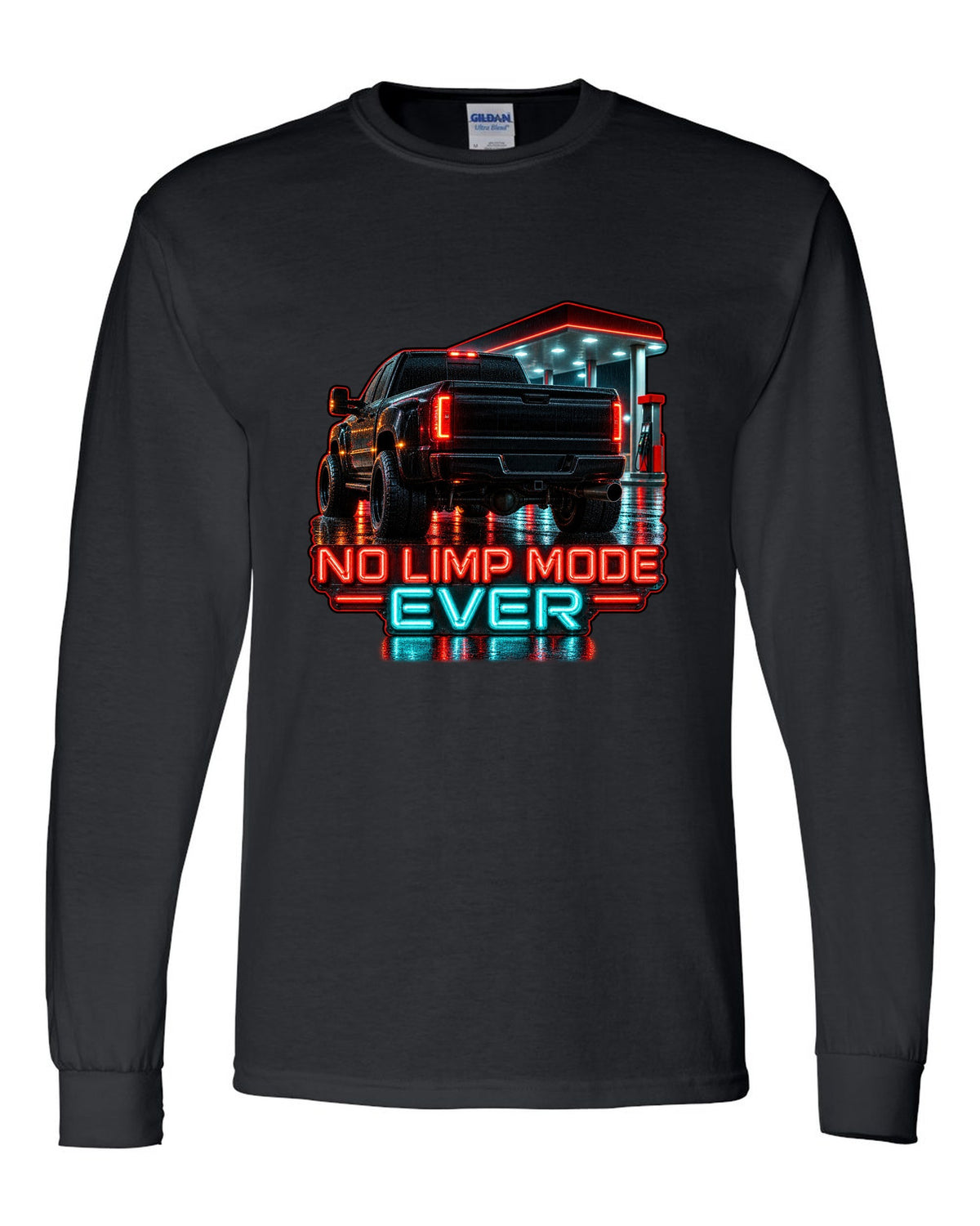 Photoreal night garage taillight print of a 1994-1998 Dodge Ram 2500 12V Cummins with No Limp Mode Ever text black long sleeve front view with the design