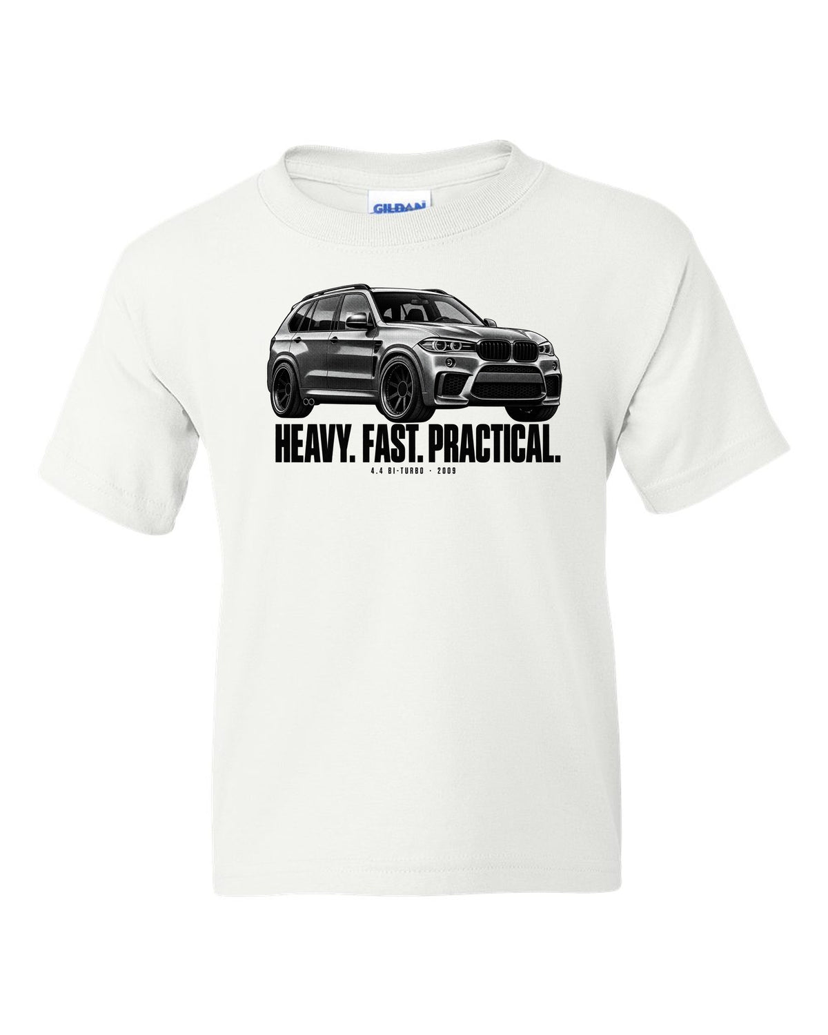 BMW X5 M E70 halftone print with heavy fast practical text and 4.4 bi-turbo white kids tee front view with the design