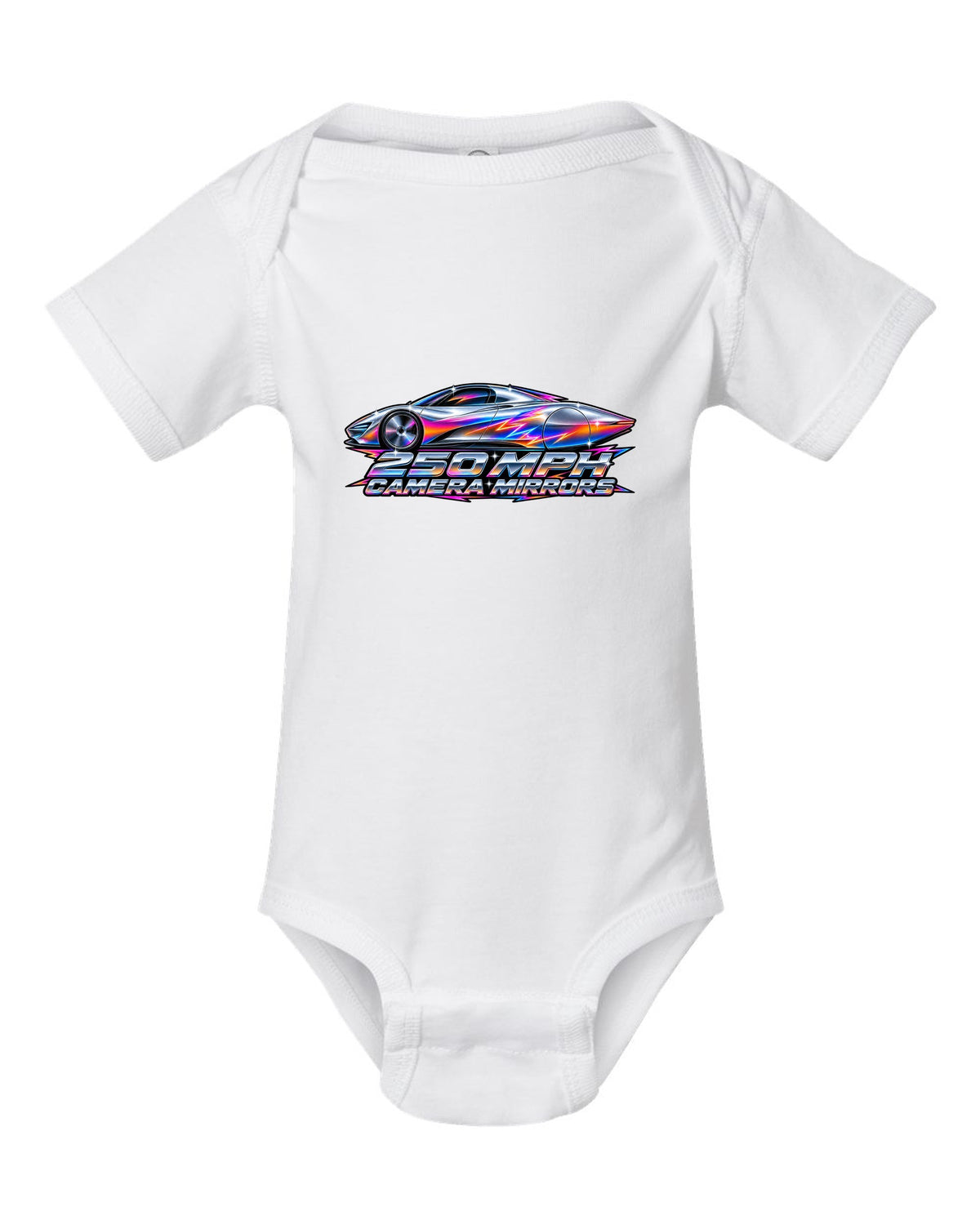 McLaren Speedtail in 80s airbrush chrome style with 250 MPH and camera mirrors lettering white baby onesie front view with the design