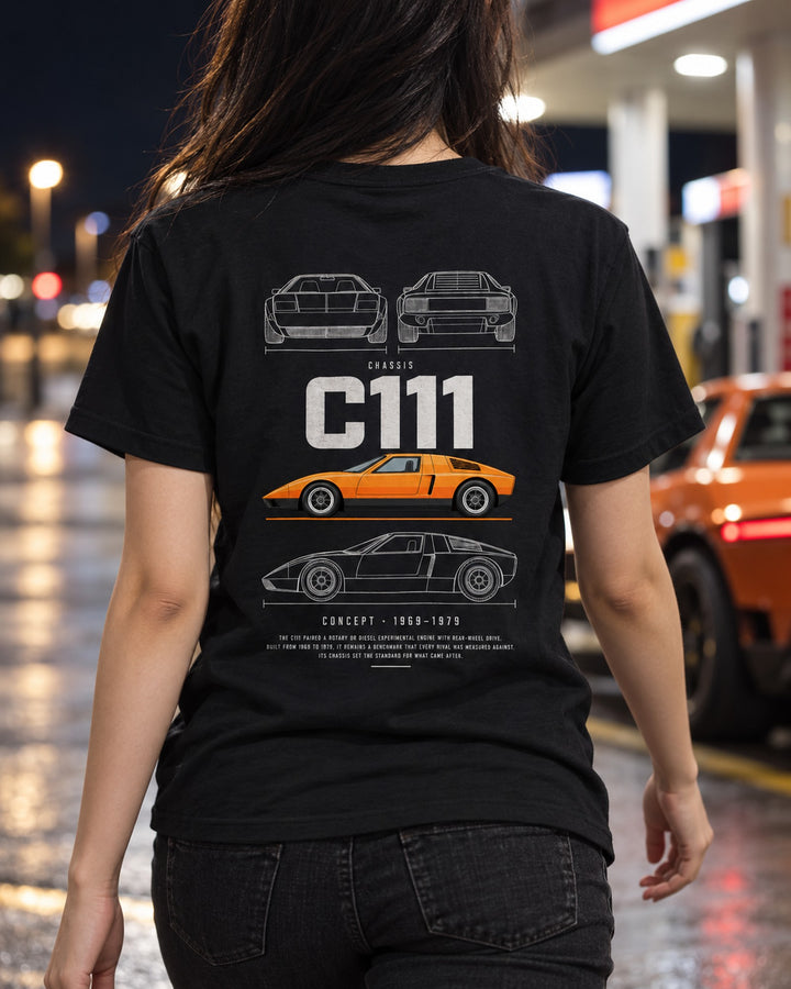 Mercedes C111 experimental wedge coupe Blueprint Full-Back Graphic Tee, C111 Chassis Code T-Shirt Black worn hero