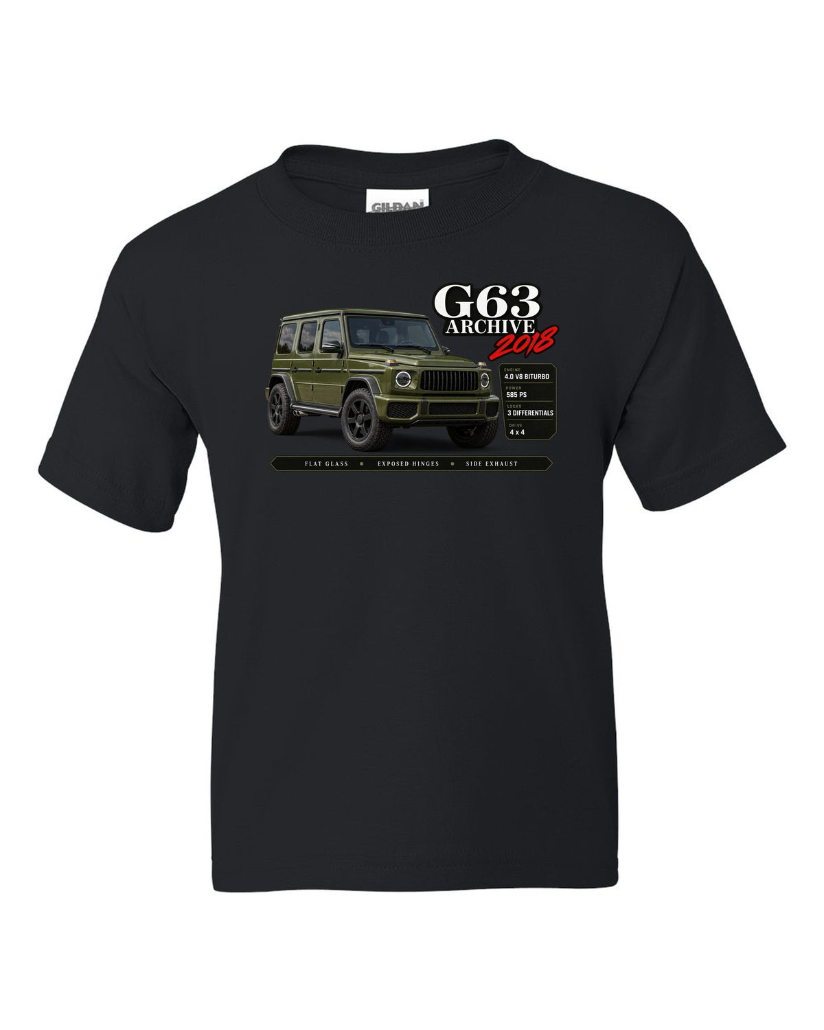 Archive panel print of a Mercedes-AMG G63 W464 with G63 Archive 2018 lettering black kids tee front view with the design