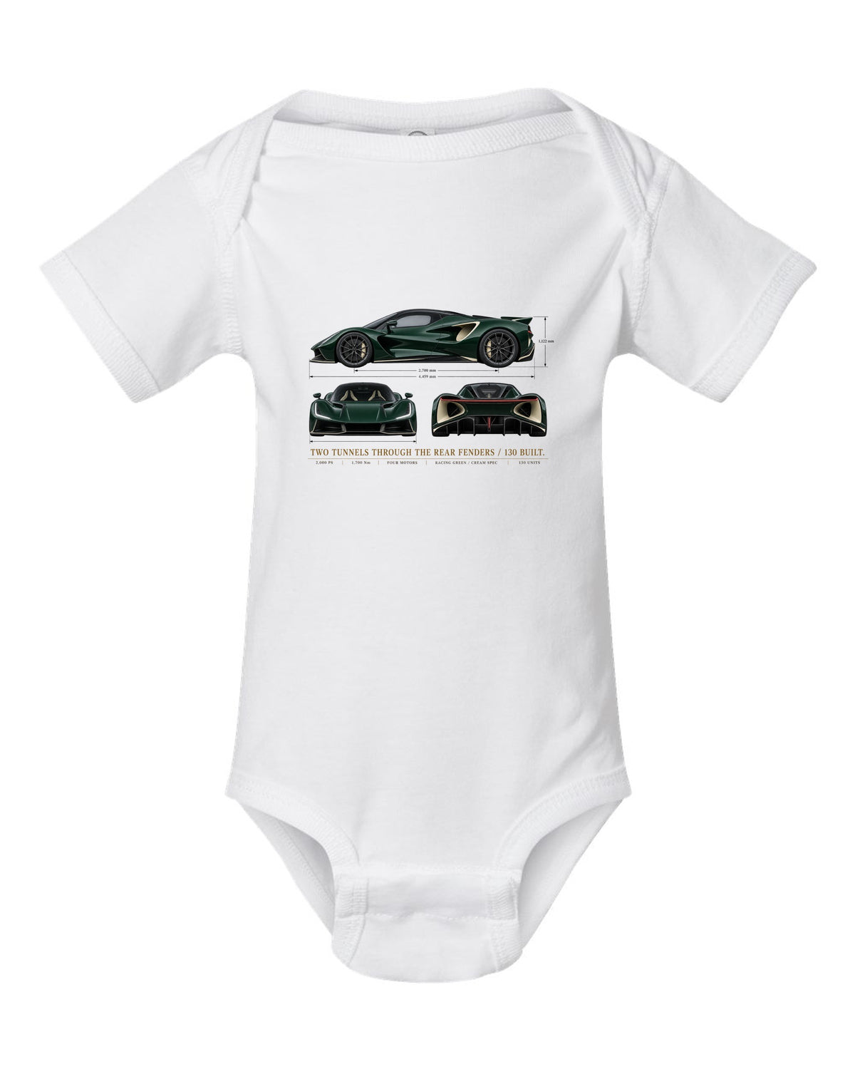 Lotus Evija three-view spec sheet print with two tunnels through the rear fenders and 130 built text white baby onesie front view with the design