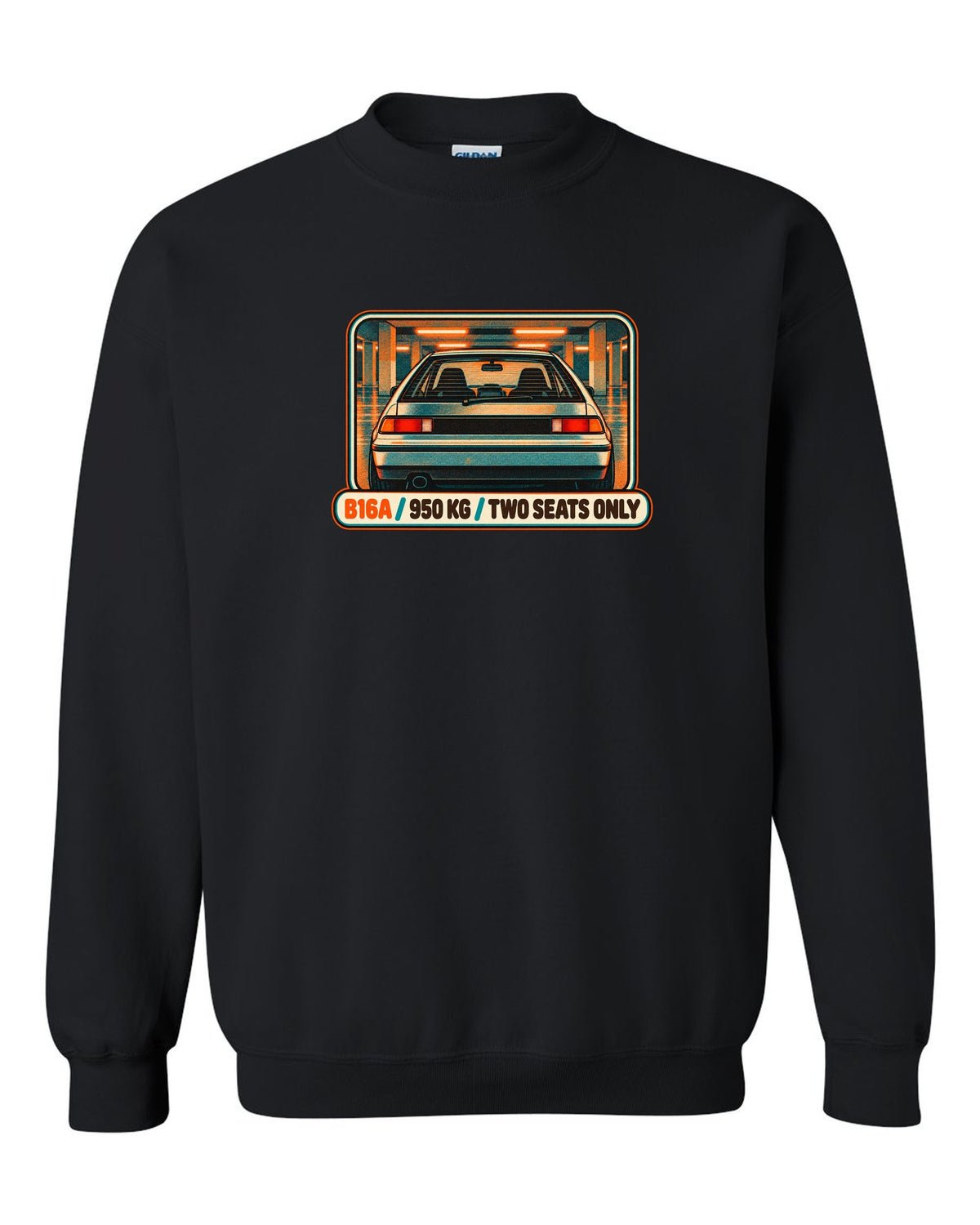 Grunge stencil print of a Honda NSX-R with No A/C No Stereo lettering black crewneck front view with the design