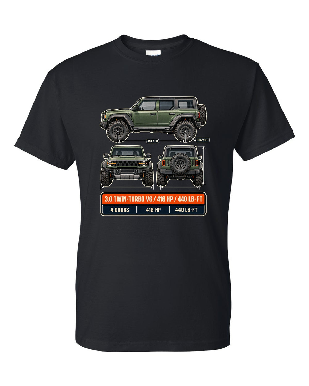 Ford Bronco Raptor three-view drawing with spec table print black t-shirt front view with the design