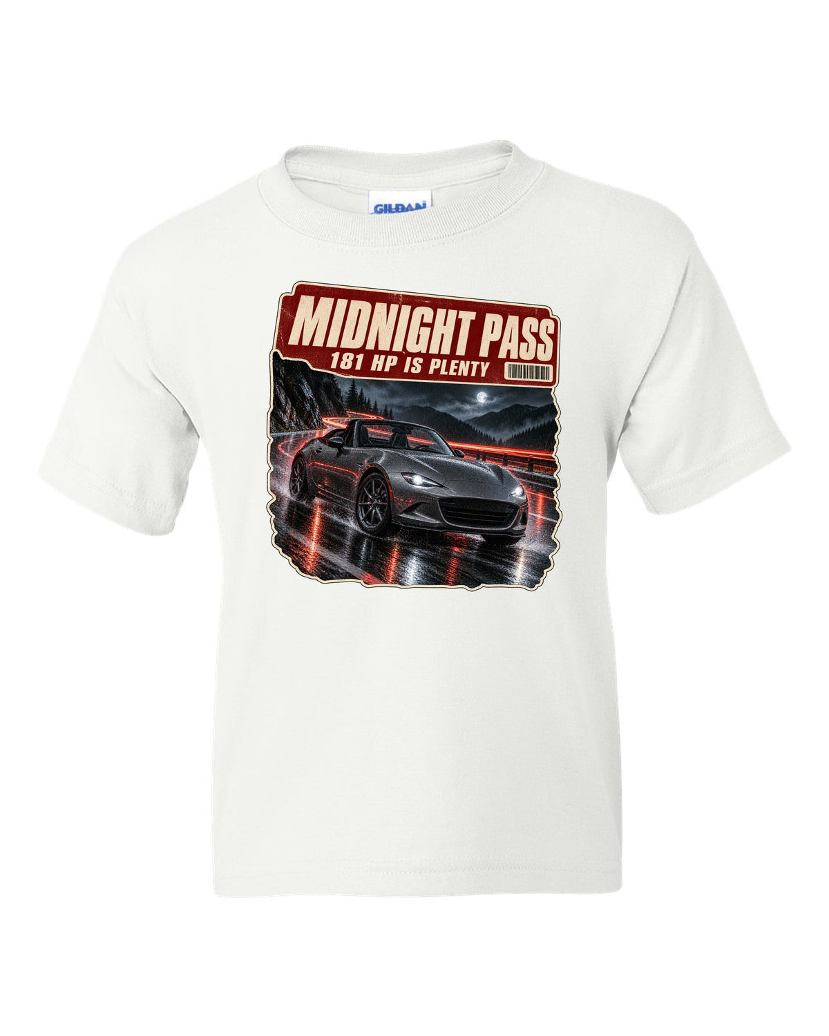 Night mountain pass scene with a 2020 Mazda MX-5 ND RF in Polymetal Grey, poster-style print white kids tee front view with the design