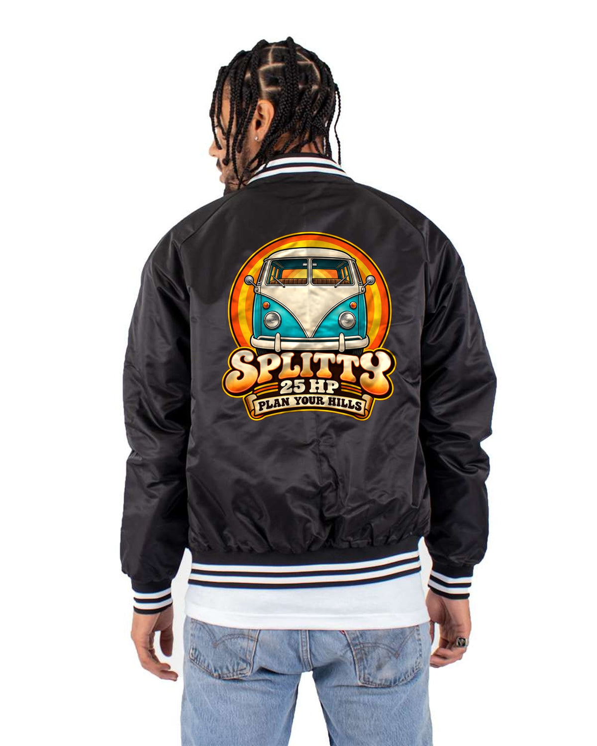 VW Bus T1 Splitty 80s Airbrush Chrome Tee, Plan Your Hills Bomber Jacket Black back